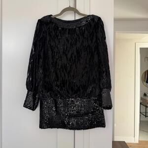 Vintage Black Sequin Long Sleeve Micro Mini Dress XS